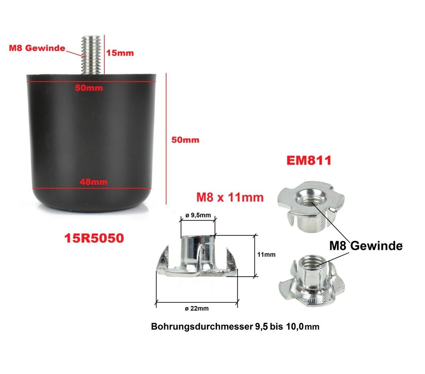 Prima-Online Möbelfuß Kunststoff Beine Möbelfüße Möbelbeine schwarz Gewindestift M8x15 von Prima-Online