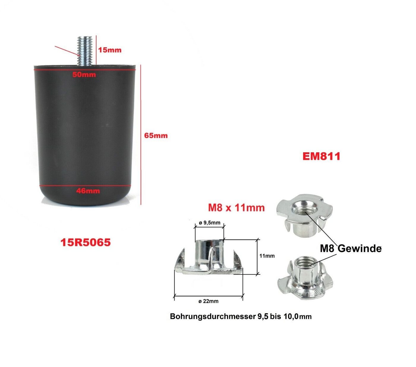 Prima-Online Möbelfuß Kunststoff Beine Möbelfüße Möbelbeine schwarz Gewindestift M8x15 von Prima-Online
