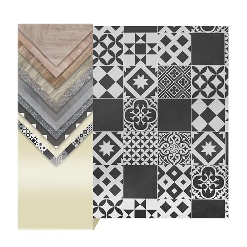 Primaflor PVC Bodenbelag Meterware TURVO - Fliese Schwarz-Weiß, Lissabon, 2,00m x 2,50m, Vinyl-Boden in Fliesenoptik für Küche, Wohn- und Badezimmer, Hochwertige Auslegware, Anti-Rutsch Oberfläche von Primaflor - Ideen in Textil