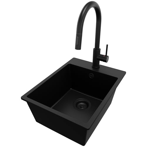 PRIMAGRAN Granitspüle Alles Schwarz 38x50cm, Spülbecken 1 Becken + Ablauf-Set + Küchenarmatur 40x20cm, Küchenspüle ab 40er Unterschrank - Riga von Primagran