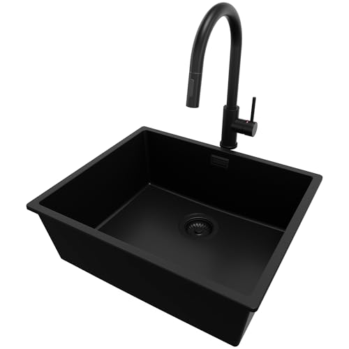 PRIMAGRAN Granitspüle Alles Schwarz 56x47cm, Spülbecken 1 Becken + Ablauf-Set + Küchenarmatur 40x22cm, Küchenspüle ab 60er Unterschrank - London Slim von Primagran