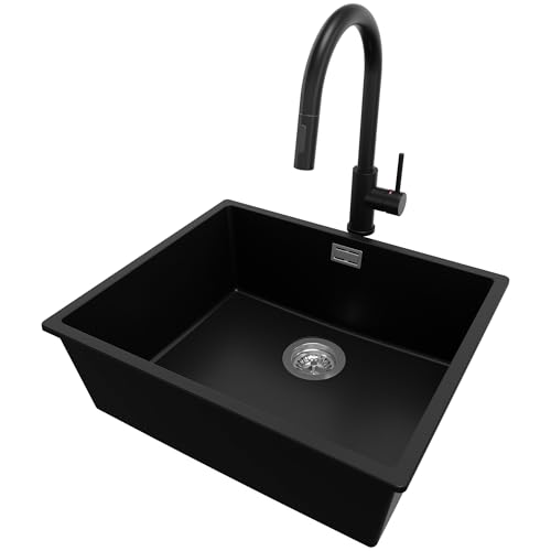 PRIMAGRAN Granitspüle Schwarz 56x47cm, Spülbecken 1 Becken + Ablauf-Set + Küchenarmatur 40x22cm, Küchenspüle ab 60er Unterschrank - London Slim von Primagran