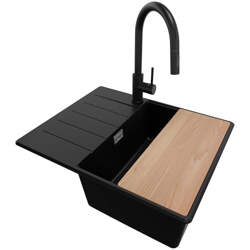 PRIMAGRAN Granitspüle Schwarz 62x50cm, Spülbecken 1 Becken + Küchenarmatur 40x20cm + Ablauf-Set + Schneidebrett, Küchenspüle ab 45er Unterschrank - Kopenhagen PRIMAGRAN Granitspüle Schwarz 62x50cm, Spülbecken 1 Becken + Küchenarmatur 40x20cm + Ablauf-Set + Schneidebrett, Küchenspüle ab 45er Unterschrank - Kopenhagen von Primagran