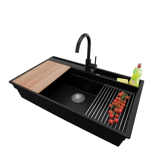 PRIMAGRAN Granitspüle Schwarz 88x53cm, Spülbecken 1 Becken + Ablauf-Set + Küchenarmatur 32x20cm + Küchenzubehörset, Küchenspüle ab 90er Unterschrank - Oslo Pocket von Primagran