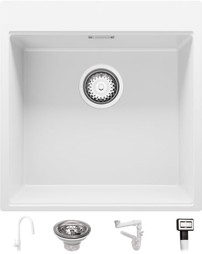 Granitspüle Weiß 48x50 cm, Spülbecken + Ablauf-Set + Küchenarmatur 9600, Küchenspüle für 50er Unterschrank, Einbauspüle von Primagran von Primagran