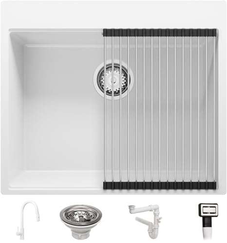 Granitspüle Weiß 58x50 cm, Spülbecken + Ablauf-Set + Küchenarmatur 9000, Küchenspüle für 60er Unterschrank, Einbauspüle von Primagran von Primagran
