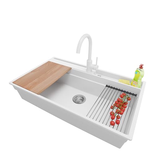 PRIMAGRAN Granitspüle Weiß 88x53cm, Spülbecken 1 Becken + Ablauf-Set + Küchenarmatur 32x20cm + Küchenzubehörset, Küchenspüle ab 90er Unterschrank - Oslo Pocket von Primagran