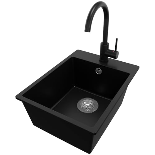 PRIMAGRAN Granitspüle Schwarz 38x50cm, Spülbecken 1 Becken + Ablauf-Set + Küchenarmatur 32x20cm, Küchenspüle ab 40er Unterschrank - Riga von Primagran