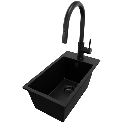 PRIMAGRAN Granitspüle Alles Schwarz 28x50cm, Spülbecken 1 Becken + Küchenarmatur 40x20cm + Ablauf-Set, Küchenspüle ab 30er Unterschrank - Riga PRIMAGRAN Granitspüle Alles Schwarz 28x50cm, Spülbecken 1 Becken + Küchenarmatur 40x20cm + Ablauf-Set, Küchenspüle ab 30er Unterschrank - Riga von Primagran
