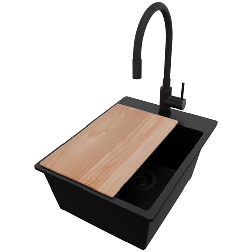PRIMAGRAN Granitspüle Alles Schwarz 38x50cm, Spülbecken 1 Becken + Ablauf-Set + Küchenarmatur 40x38cm + Schneidebrett, Küchenspüle ab 40er Unterschrank - Riga von Primagran