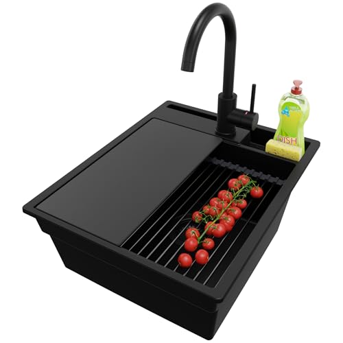 PRIMAGRAN Granitspüle Alles Schwarz 43x53cm, Spülbecken 1 Becken + Ablauf-Set + Küchenarmatur 32x20cm + Küchenzubehörset, Küchenspüle ab 45er Unterschrank - Oslo Pocket von Primagran
