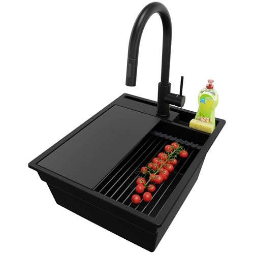 PRIMAGRAN Granitspüle Alles Schwarz 43x53cm, Spülbecken 1 Becken + Ablauf-Set + Küchenarmatur 40x20cm + Küchenzubehörset, Küchenspüle ab 45er Unterschrank - Oslo Pocket von Primagran