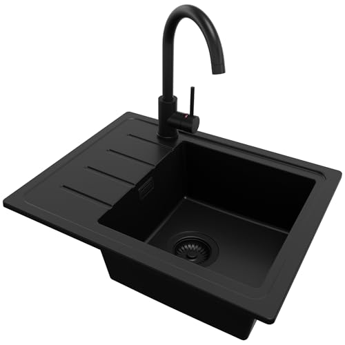 PRIMAGRAN Granitspüle Alles Schwarz 55x44cm, Spülbecken 1 Becken + Ablauf-Set + Küchenarmatur 32x20cm, Küchenspüle ab 45er Unterschrank - Kopenhagen Easy von Primagran