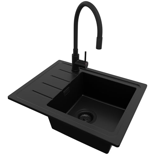 PRIMAGRAN Granitspüle Alles Schwarz 55x44cm, Spülbecken 1 Becken + Ablauf-Set + Küchenarmatur 40x13cm, Küchenspüle ab 45er Unterschrank - Kopenhagen Easy von Primagran