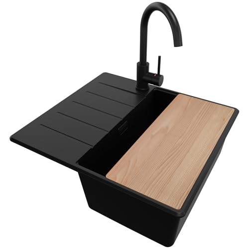 PRIMAGRAN Granitspüle Alles Schwarz 55x50cm, Spülbecken 1 Becken + Ablauf-Set + Küchenarmatur 32x20cm + Schneidebrett, Küchenspüle ab 40er Unterschrank - Kopenhagen von Primagran