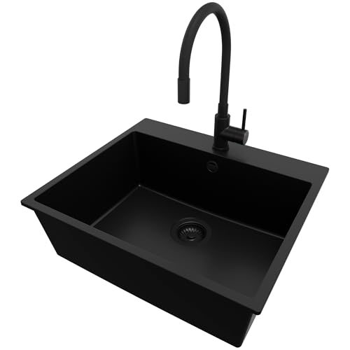 PRIMAGRAN Granitspüle Alles Schwarz 58x50cm, Spülbecken 1 Becken + Ablauf-Set + Küchenarmatur 40x13cm, Küchenspüle ab 60er Unterschrank - Riga von Primagran
