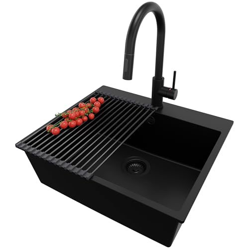 PRIMAGRAN Granitspüle Alles Schwarz 58x50cm, Spülbecken 1 Becken + Küchenarmatur 40x20cm + Ablauf-Set + Aufrollbare Abtropffläche, Küchenspüle ab 60er Unterschrank - Riga PRIMAGRAN Granitspüle Alles Schwarz 58x50cm, Spülbecken 1 Becken + Küchenarmatur 40x20cm + Ablauf-Set + Aufrollbare Abtropffläche, Küchenspüle ab 60er Unterschrank - Riga von Primagran