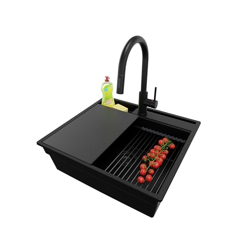 PRIMAGRAN Granitspüle Alles Schwarz 58x53cm, Spülbecken 1 Becken + Küchenarmatur 40x20cm + Ablauf-Set + Küchenzubehörset, Küchenspüle ab 60er Unterschrank - Oslo Pocket PRIMAGRAN Granitspüle Alles Schwarz 58x53cm, Spülbecken 1 Becken + Küchenarmatur 40x20cm + Ablauf-Set + Küchenzubehörset, Küchenspüle ab 60er Unterschrank - Oslo Pocket von Primagran