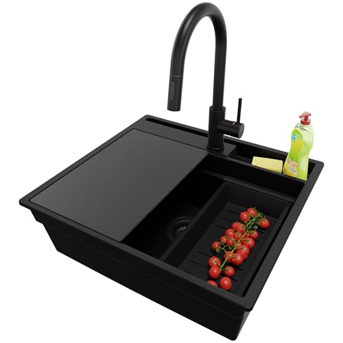 PRIMAGRAN Granitspüle Alles Schwarz 58x53cm, Spülbecken 1 Becken + Küchenarmatur 40x20cm + Ablauf-Set + Schneidebrett, Küchenspüle ab 60er Unterschrank - Oslo Pocket von Primagran