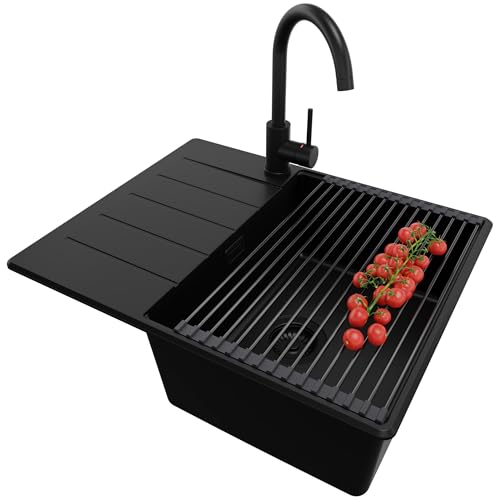 PRIMAGRAN Granitspüle Alles Schwarz 62x50cm, Spülbecken 1 Becken + Küchenarmatur 32x20cm + Ablauf-Set + Aufrollbare Abtropffläche, Küchenspüle ab 45er Unterschrank - Kopenhagen PRIMAGRAN Granitspüle Alles Schwarz 62x50cm, Spülbecken 1 Becken + Küchenarmatur 32x20cm + Ablauf-Set + Aufrollbare Abtropffläche, Küchenspüle ab 45er Unterschrank - Kopenhagen von Primagran