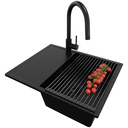 PRIMAGRAN Granitspüle Alles Schwarz 62x50cm, Spülbecken 1 Becken + Ablauf-Set + Küchenarmatur 40x22cm + Aufrollbare Abtropffläche, Küchenspüle ab 45er Unterschrank - Ibiza von Primagran