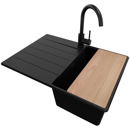 PRIMAGRAN Granitspüle Alles Schwarz 70x50cm, Spülbecken 1 Becken + Küchenarmatur 32x20cm + Ablauf-Set + Schneidebrett, Küchenspüle ab 40er Unterschrank - Kopenhagen von Primagran