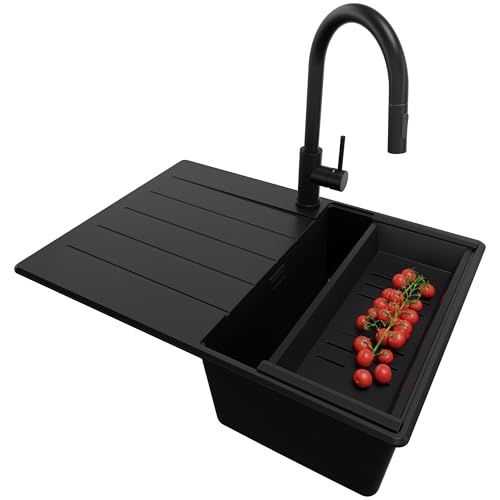 PRIMAGRAN Granitspüle Alles Schwarz 70x50cm, Spülbecken 1 Becken + Ablauf-Set + Küchenarmatur 40x22cm, Küchenspüle ab 40er Unterschrank - Kopenhagen von Primagran