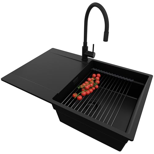 PRIMAGRAN Granitspüle Alles Schwarz 78x50cm, Spülbecken 1 Becken + Ablauf-Set + Küchenarmatur 40x13cm + Aufrollbare Abtropffläche, Küchenspüle ab 50er Unterschrank - San Francisco von Primagran