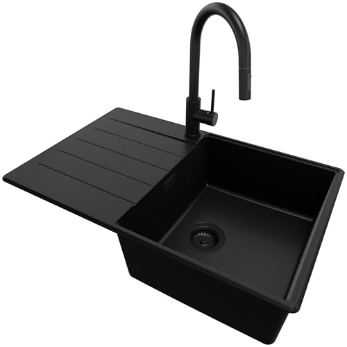 PRIMAGRAN Granitspüle Alles Schwarz 78x50cm, Spülbecken 1 Becken + Küchenarmatur 40x20cm + Ablauf-Set, Küchenspüle ab 50er Unterschrank - Kopenhagen von Primagran