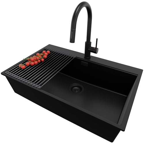 PRIMAGRAN Granitspüle Alles Schwarz 78x50cm, Spülbecken 1 Becken + Küchenarmatur 40x20cm + Ablauf-Set + Aufrollbare Abtropffläche, Küchenspüle ab 80er Unterschrank - Oslo PRIMAGRAN Granitspüle Alles Schwarz 78x50cm, Spülbecken 1 Becken + Küchenarmatur 40x20cm + Ablauf-Set + Aufrollbare Abtropffläche, Küchenspüle ab 80er Unterschrank - Oslo von Primagran