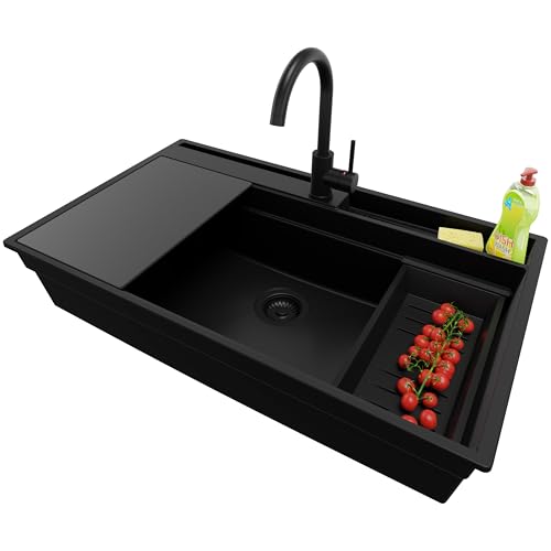 PRIMAGRAN Granitspüle Alles Schwarz 88x53cm, Spülbecken 1 Becken + Küchenarmatur 32x20cm + Ablauf-Set + Schneidebrett, Küchenspüle ab 90er Unterschrank - Oslo Pocket von Primagran