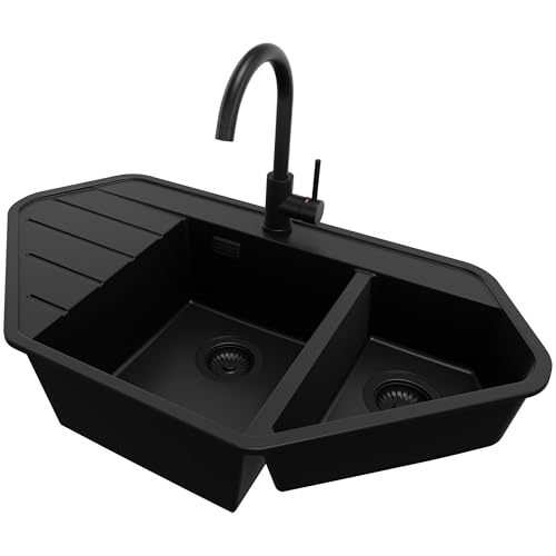 PRIMAGRAN Granitspüle Alles Schwarz 90x50cm, Eckspüle 1,5 Becken + Küchenarmatur 32x20cm + Ablauf-Set, Küchenspüle ab 80er Unterschrank - Kopenhagen Corner PRIMAGRAN Granitspüle Alles Schwarz 90x50cm, Eckspüle 1,5 Becken + Küchenarmatur 32x20cm + Ablauf-Set, Küchenspüle ab 80er Unterschrank - Kopenhagen Corner von Primagran