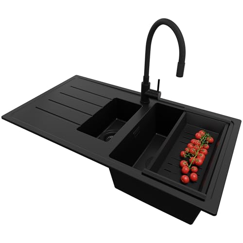PRIMAGRAN Granitspüle Alles Schwarz 90x50cm, Spülbecken 1,5 Becken + Ablauf-Set + Küchenarmatur 40x13cm, Küchenspüle ab 60er Unterschrank - Kopenhagen Duo von Primagran