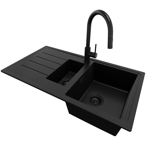 PRIMAGRAN Granitspüle Alles Schwarz 90x50cm, Spülbecken 1,5 Becken + Ablauf-Set + Küchenarmatur 40x22cm, Küchenspüle ab 60er Unterschrank - Kopenhagen Duo von Primagran