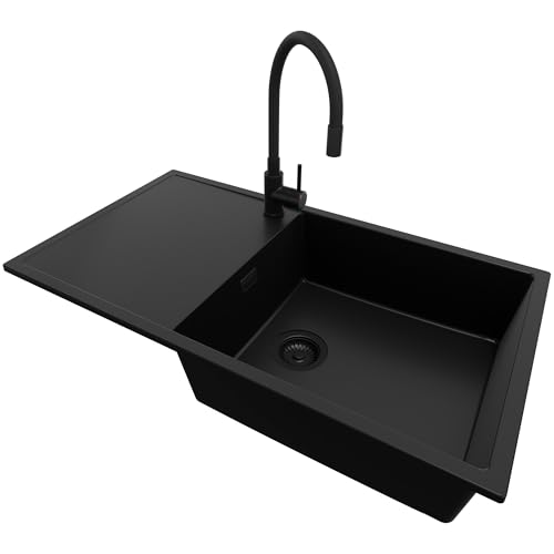 PRIMAGRAN Granitspüle Alles Schwarz 90x50cm, Spülbecken 1 Becken + Küchenarmatur 40x38cm + Ablauf-Set, Küchenspüle ab 60er Unterschrank - Ibiza PRIMAGRAN Granitspüle Alles Schwarz 90x50cm, Spülbecken 1 Becken + Küchenarmatur 40x38cm + Ablauf-Set, Küchenspüle ab 60er Unterschrank - Ibiza von Primagran