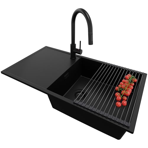 PRIMAGRAN Granitspüle Alles Schwarz 90x50cm, Spülbecken 1 Becken + Küchenarmatur 40x20cm + Ablauf-Set + Aufrollbare Abtropffläche, Küchenspüle ab 60er Unterschrank - Ibiza von Primagran