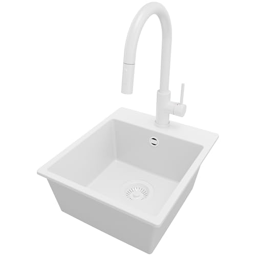 PRIMAGRAN Granitspüle Alles Weiß 38x44cm, Spülbecken 1 Becken + Ablauf-Set + Küchenarmatur 40x20cm, Küchenspüle ab 40er Unterschrank - Riga Easy von Primagran