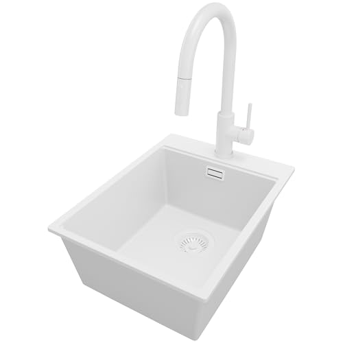 PRIMAGRAN Granitspüle Alles Weiß 38x50cm, Spülbecken 1 Becken + Ablauf-Set + Küchenarmatur 40x20cm, Küchenspüle ab 40er Unterschrank - Oslo von Primagran