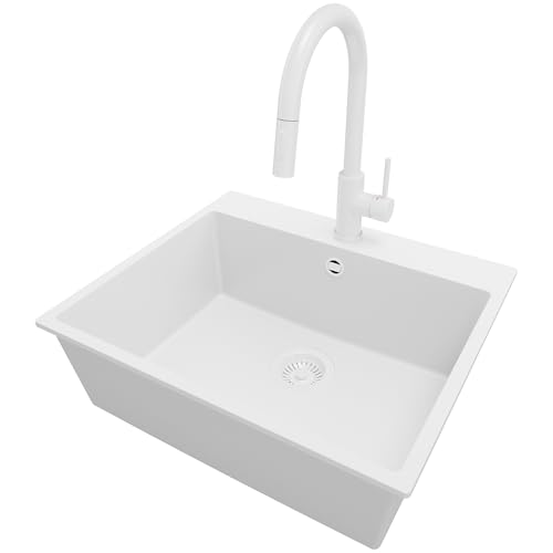 PRIMAGRAN Granitspüle Alles Weiß 58x50cm, Spülbecken 1 Becken + Ablauf-Set + Küchenarmatur 40x22cm, Küchenspüle ab 60er Unterschrank - Riga von Primagran