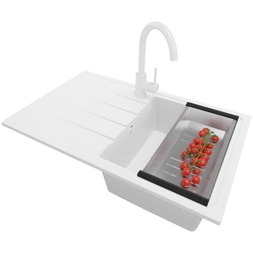 PRIMAGRAN Granitspüle Alles Weiß 78x50cm, Spülbecken 1 Becken + Ablauf-Set + Küchenarmatur 32x20cm, Küchenspüle ab 45er Unterschrank - Mailand von Primagran