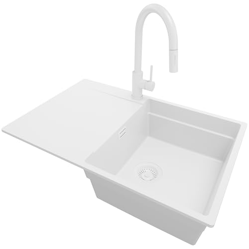 PRIMAGRAN Granitspüle Alles Weiß 78x50cm, Spülbecken 1 Becken + Ablauf-Set + Küchenarmatur 40x22cm, Küchenspüle ab 50er Unterschrank - San Francisco PRIMAGRAN Granitspüle Alles Weiß 78x50cm, Spülbecken 1 Becken + Ablauf-Set + Küchenarmatur 40x22cm, Küchenspüle ab 50er Unterschrank - San Francisco von Primagran
