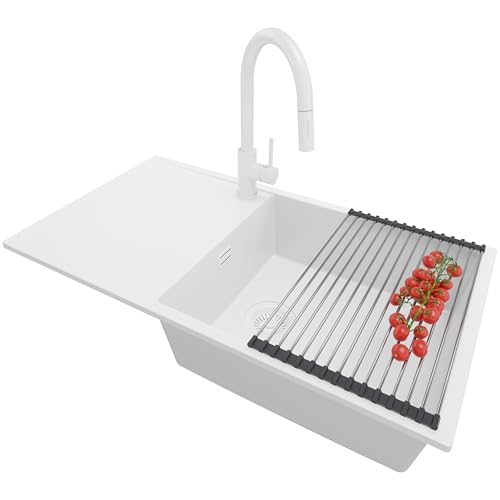 PRIMAGRAN Granitspüle Alles Weiß 90x50cm, Spülbecken 1 Becken + Ablauf-Set + Küchenarmatur 40x22cm + Aufrollbare Abtropffläche, Küchenspüle ab 60er Unterschrank - Ibiza PRIMAGRAN Granitspüle Alles Weiß 90x50cm, Spülbecken 1 Becken + Ablauf-Set + Küchenarmatur 40x22cm + Aufrollbare Abtropffläche, Küchenspüle ab 60er Unterschrank - Ibiza von Primagran