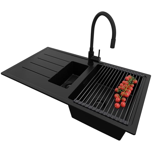 PRIMAGRAN Granitspüle Alles Schwarz 90x50cm, Spülbecken 1,5 Becken + Küchenarmatur 40x38cm + Ablauf-Set + Aufrollbare Abtropffläche, Küchenspüle ab 60er Unterschrank - Kopenhagen Duo PRIMAGRAN Granitspüle Alles Schwarz 90x50cm, Spülbecken 1,5 Becken + Küchenarmatur 40x38cm + Ablauf-Set + Aufrollbare Abtropffläche, Küchenspüle ab 60er Unterschrank - Kopenhagen Duo von Primagran