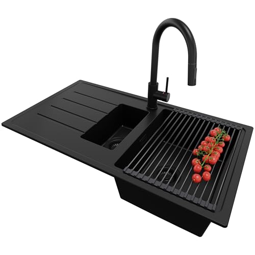 PRIMAGRAN Granitspüle Alles Schwarz 90x50cm, Spülbecken 1,5 Becken + Küchenarmatur 40x20cm + Ablauf-Set + Aufrollbare Abtropffläche, Küchenspüle ab 60er Unterschrank - Kopenhagen Duo PRIMAGRAN Granitspüle Alles Schwarz 90x50cm, Spülbecken 1,5 Becken + Küchenarmatur 40x20cm + Ablauf-Set + Aufrollbare Abtropffläche, Küchenspüle ab 60er Unterschrank - Kopenhagen Duo von Primagran