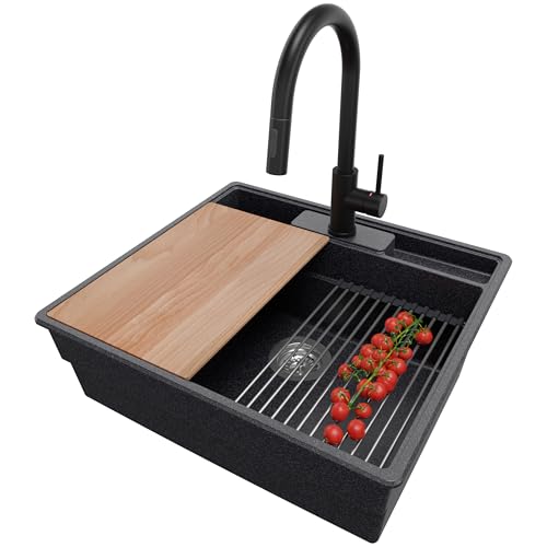 PRIMAGRAN Granitspüle Anthrazit 58x53cm, Spülbecken 1 Becken + Ablauf-Set + Küchenarmatur 40x20cm + Küchenzubehörset, Küchenspüle ab 60er Unterschrank - New York von Primagran