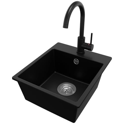PRIMAGRAN Granitspüle Schwarz 38x44cm, Spülbecken 1 Becken + Ablauf-Set + Küchenarmatur 32x20cm, Küchenspüle ab 40er Unterschrank - Riga Easy PRIMAGRAN Granitspüle Schwarz 38x44cm, Spülbecken 1 Becken + Ablauf-Set + Küchenarmatur 32x20cm, Küchenspüle ab 40er Unterschrank - Riga Easy von Primagran