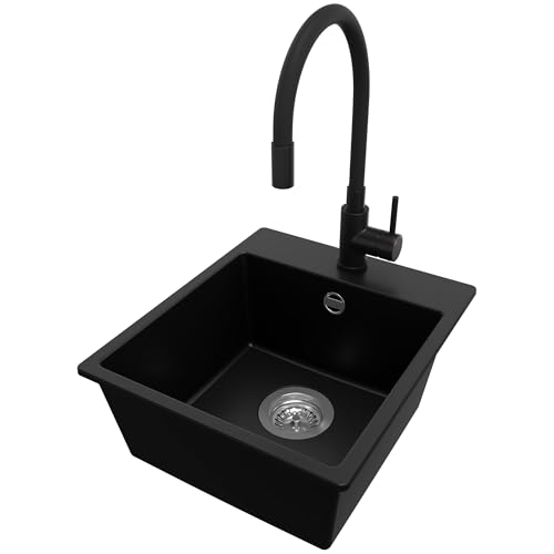 PRIMAGRAN Granitspüle Schwarz 38x44cm, Spülbecken 1 Becken + Küchenarmatur 40x38cm + Ablauf-Set, Küchenspüle ab 40er Unterschrank - Riga Easy von Primagran