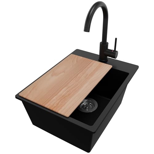 PRIMAGRAN Granitspüle Schwarz 38x50cm, Spülbecken 1 Becken + Ablauf-Set + Küchenarmatur 32x20cm + Schneidebrett, Küchenspüle ab 40er Unterschrank - Riga von Primagran
