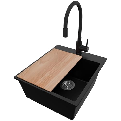 PRIMAGRAN Granitspüle Schwarz 43x50cm, Spülbecken 1 Becken + Ablauf-Set + Küchenarmatur 40x38cm + Schneidebrett, Küchenspüle ab 45er Unterschrank - Riga von Primagran