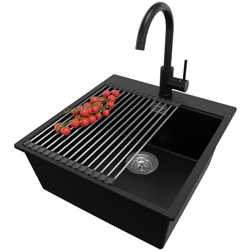PRIMAGRAN Granitspüle Schwarz 48x50cm, Spülbecken 1 Becken + Küchenarmatur 32x20cm + Ablauf-Set + Aufrollbare Abtropffläche, Küchenspüle ab 50er Unterschrank - Oslo PRIMAGRAN Granitspüle Schwarz 48x50cm, Spülbecken 1 Becken + Küchenarmatur 32x20cm + Ablauf-Set + Aufrollbare Abtropffläche, Küchenspüle ab 50er Unterschrank - Oslo von Primagran